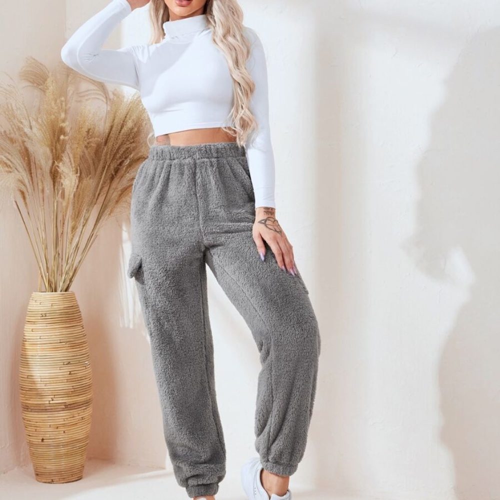 GREY pocket furry teddy jogger pants - Picture 2 of 6